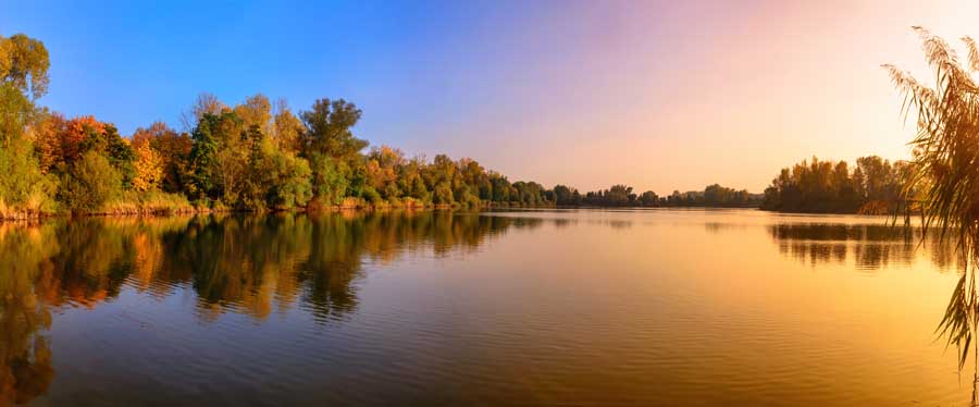 Panorama of a gorgeous sunset at a lake, with gold and blue color and trees reflected in the water